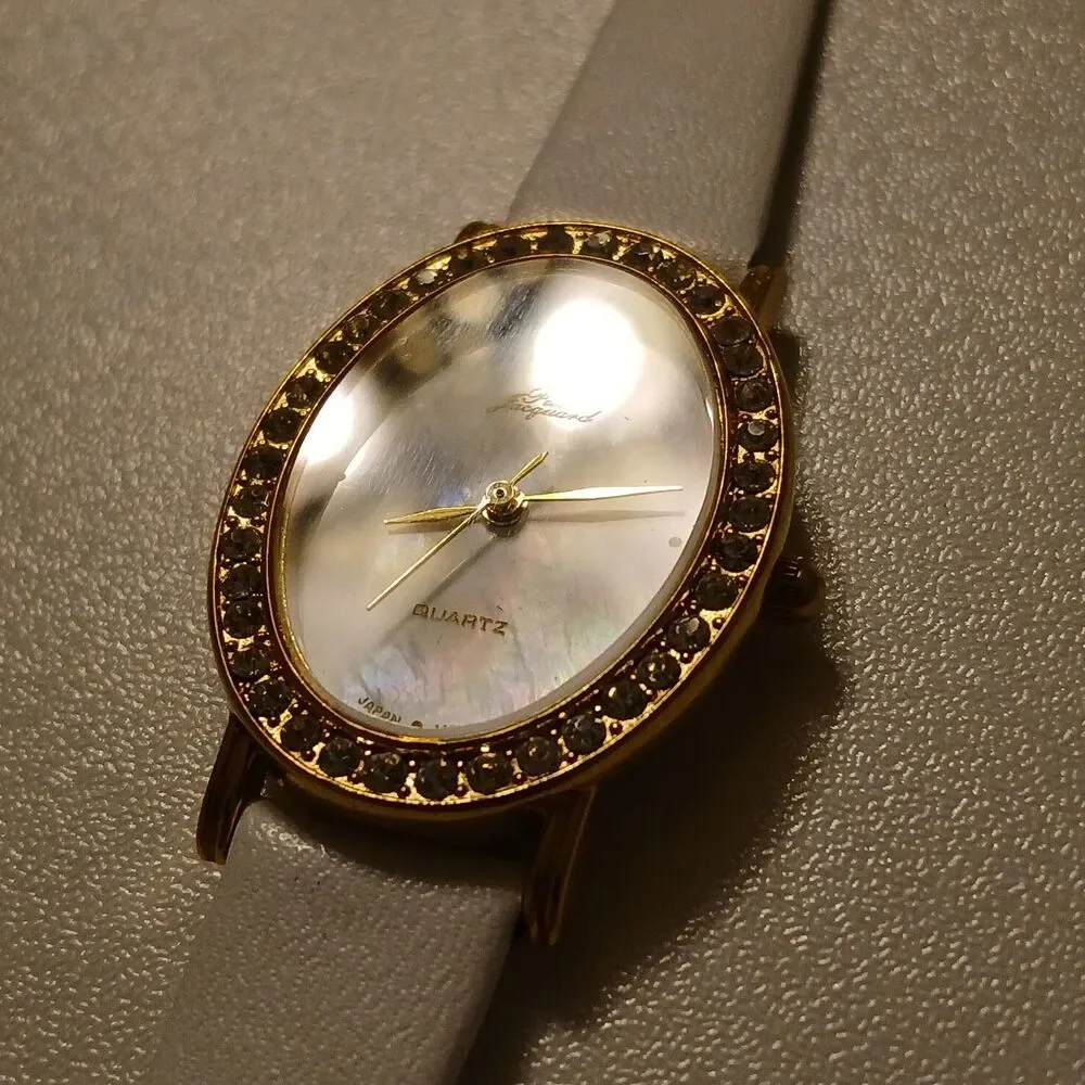 VTG 90s Pierre Jacquard Women's Watch Gold Oval Rhinestone Bezel MOP Dial
